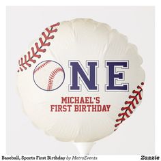 a white balloon with a baseball on it and the number one for michael's first birthday