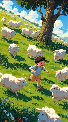 a young boy running through a field with sheep