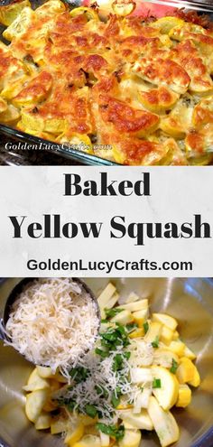 baked yellow squash with parmesan cheese in a casserole dish on a plate