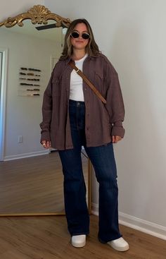 Fall Fashion Inspo Midsize, Summer Fall Outfits Casual, Midsize Outfit Ideas Casual, Plaid Shirt Work Outfit, Mid Sized Fall Outfits, Curvy Cold Weather Outfits, Plus Size Fall Fashion 90s, Casual Office Outfits Women Midsize, Plus Size Outfits Tomboy