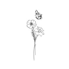 a black and white drawing of flowers with a butterfly