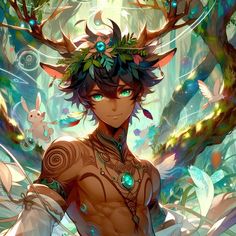 an anime character with deer horns on his head and green eyes, standing in front of trees