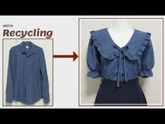 a woman's blue shirt with ruffles on it