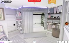 a virtual view of a bathroom with white walls and tile flooring, along with various items on the shelves