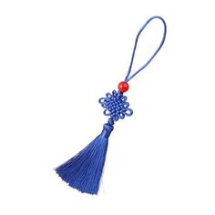 a blue tassel with a red bead on it