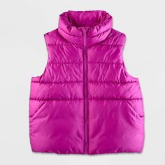 Why we're ALL IN: Solid-color puffer vest with a decorative quilted pattern and stand-up collar. Made of lightweight recycled polyester with full lining to keep your child comfortable. Tailored in a regular fit that hits at the hip. Front full-length zipper completes the design with functional flair. All in Motion™: Made for every move, priced for every day. Hot Pink Puffer Vest Outfit, Solid Color Puffer Vest For Outdoor, Neon Pink Puffer, Purple North Face Vest, Kids Puffer Vest, Kids Activewear, All In Motion, Quilted Pattern, Puffer Vest