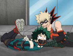 two anime characters laying on the ground in front of a mirror and one is wearing a mask