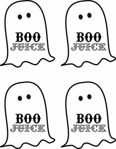 four black and white ghost stickers with boojuice written in the letters on them