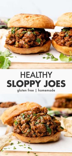 two sloppy joes are stacked on top of each other with the words healthy sloppy joes written above them