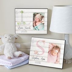 two pictures on the wall next to a lamp and a teddy bear with a blanket