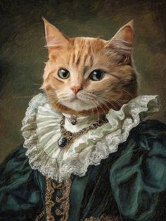 an orange and white cat wearing a blue dress with a ruffled collar is looking at the camera