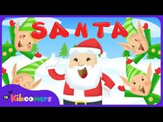 an animated santa claus surrounded by elfs and christmas tree decorations with the word santa written in large letters