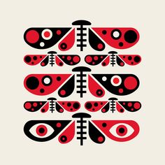 an abstract design with red, black and white shapes