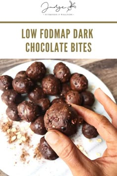 low fodmap dark chocolate bites on a white plate with text overlay