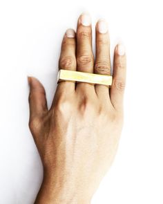 Elegant, gold, multi finger ring in a unique minimal architectural style. Fits comfortably across 3 fingers This listing is for our 3 Finger Ring Wide in options brass or 20 k gold plated brass. Our multi finger rings have been some of our most popular items since we started making them and so I have added more options for you in slim, wide, 2 finger, 3 finger, brass and white brass, solid sterling silver 925 and gold plated options. Layer and stack them for full impact! All our 3 finger rings c Three Finger Ring, Recycled Metal Jewelry, Multi Finger Rings, Double Finger Ring, Double Rings, Ring Minimal, Minimal Ring, Septum Jewelry, Two Fingers