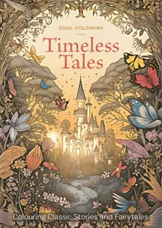 a book cover with an image of a castle surrounded by flowers and butterflies in the background