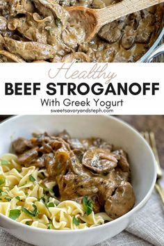 beef stroganoni with creamy gravy in a white bowl