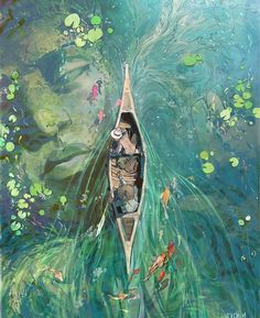 a painting of a man in a canoe floating on top of water with lily pads