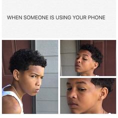 four different pictures of a young man looking at his cell phone and then he sees the same person