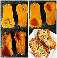 several pictures of different types of food in the shape of butternuts and squash