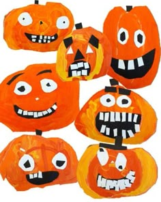 some pumpkins with faces painted on them and the words funny face pumpkins written below