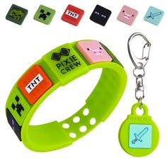 a wristband and keychain are shown with several different colored buttons on it