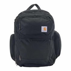 the back pack is black and has an orange logo on it