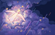 an angel in the sky with stars and clouds