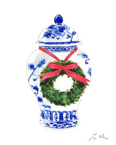 a watercolor painting of a blue and white vase with a wreath on the lid