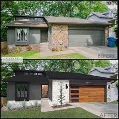 before and after photos of a house with stone siding, wood garage doors, and green grass