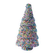 a sprinkle covered christmas tree on a white background