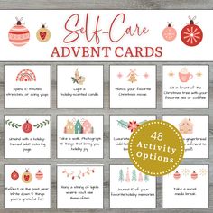 a set of christmas themed cards with the words self care and holiday ornaments on them