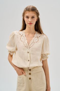 Inspired by the beauty of nature, our blouses feature intricate details and delicate patterns that dance with every movement, like the soft whisper of leaves in the wind or the delicate petals of a blooming flower. Embark on a journey of elegance and grace  with our chic women's blouses. Featuring lightweight fabrics and flowing silhouettes, they're the perfect companion for carefree days exploring the wonders of the world or simply lazing in the comfort of your own home.  【Fabric】 100% Linen, around 160g/gram Every year we have a dedicated team to study the evolution of linen. Linen is a traditional fabric. It seems that linen will not change even if dynasties have changed, and time has passed. Let us add a little imagination and curiosity here. If the raw materials remain unchanged, can Medieval Blouse, Beige Cottagecore, Leaves In The Wind, Cottagecore Blouse, Linen Top Women, Linen Fashion, Feminine Top, Dyed Linen, Women's Blouses