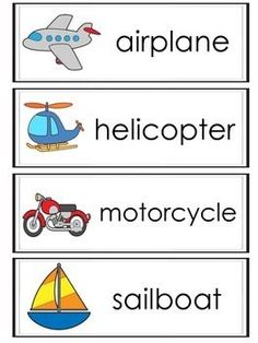 four different words that are used to spell the word airplane, helicopter, motorcycle and sailboat