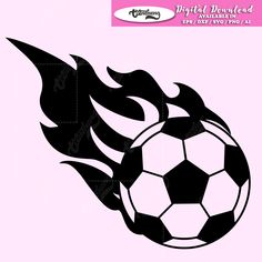 a black and white soccer ball with flames coming out of it's back end