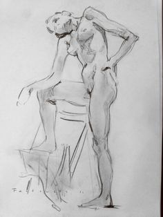 a black and white drawing of two nude women standing next to each other on a chair