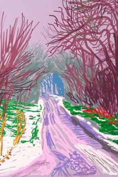 a drawing of a snowy road with trees in the background