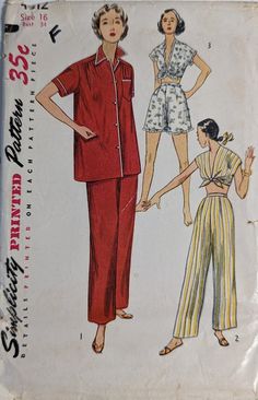 Simplicity 4312 Misses' Two-piece Pajamas in Two Lengths Size: 16 Bust 34" Condition: Cut/Incomplete Circa: 1953 This pattern has been cut and used and is INCOMPLETE. It is MISSING the pieces for the cropped tie top. All other pattern pieces and instructions are intact. The envelope is in fair vintage condition with some foxing and small tears. This is a true vintage original pattern and not a reproduction. This pattern is stored and will be shipped in a clear acid-free archival quality envelope 1940s Playsuit, Pijama Satin, Pajamas For Teens, Playsuit Pattern, 1950s Patterns, 1950s Sewing Patterns, Vintage Pajamas, Pajama Pattern, Lingerie Vintage