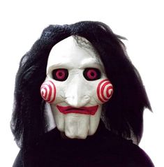 a creepy mask with long black hair and red eyes is shown in front of a white background