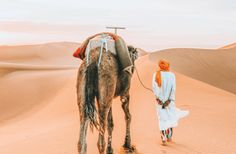 a person walking with a camel in the desert