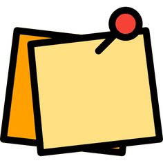 a yellow piece of paper with a red pin on it and a clipboard attached to it