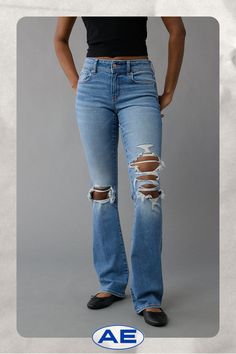 Next Level Stretch/Our softest, stretchiest, never-loses-its-shape denim/Won't bag out. Ever./Medium wash/Ripped American Eagle Bootcut Jeans, Shoes With Bell Bottom Jeans, Wishlist Ideas, Aerie Bras, Ae Jeans, Jean Pants, Bootcut Jean, School Clothes, Easy Style