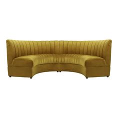 the curved couch is yellow and has two legs on each side, with an extended back end