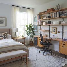 a bed room with a neatly made bed and a desk