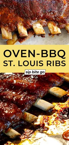 bbq ribs with barbecue sauce on them and the words oven - bbq st louis ribs above it