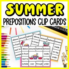 the word summer prepositions clip cards with pencils and crayons