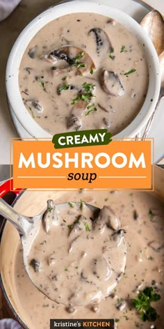 creamy mushroom soup in a pot with spoons