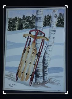 a painting of a sled leaning against a tree