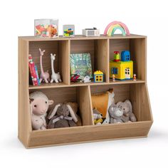 a wooden shelf filled with lots of toys