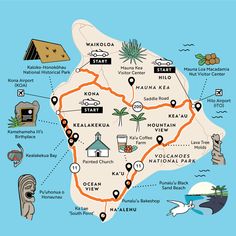 an illustrated map of the island of kauai, hawaii with all its attractions